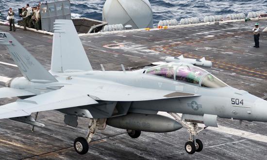 An EA-18G Growler lands on the aircraft carrier USS Theodore Roosevelt (CVN-71). The Growler’s jamming and other suppression/destruction-of-enemy-air-defense capabilities would be essential for U.S. and allied tactical aircraft in any counterattack against Chinese forces in the defense of Taiwan.