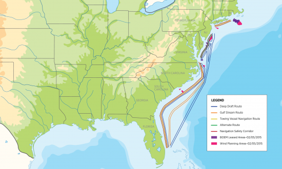 Atlantic Coast Primary Commercial Shipping Routes Map