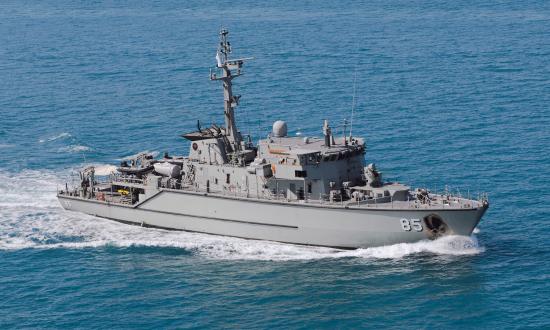 The Royal Australian Navy Huon-class mine hunter HMAS Gascoyne operating off the coast of Darwin, Australia. Mine countermeasures (MCM) technology has advanced to a point that the traditional risk model used for MCM operations can be revised and the number of operational steps reduced.