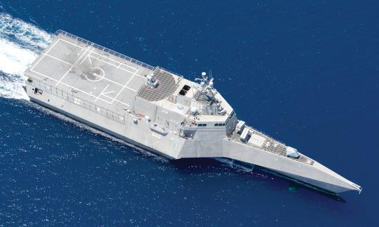 The Independence-variant littoral combat ship USS Gabrielle Giffords (LCS-10) conducts operations in the South China Sea in July 2020. Like the Freedom-variant LCS, the Independence-variant has unique engineering and shiphandling characteristics.