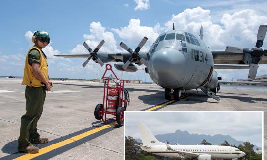 Above: An aviation machinist mate prepares to perform maintenance on a C-130T Hercules cargo aircraft in Jacksonville, Florida. The C-130T has proven to be a maintenance-intensive and inefficient aircraft. Much of its mission can be absorbed by the Navy C-40 Clipper jet aircraft, shown below landing at Marine Corps Air Station Kaneohe Bay, Hawaii.