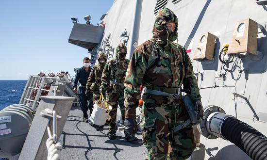 Sailors check for chemical, biological, and radiological (CBR) agents during a CBR damage-control drill on board the USS Tulsa (LCS-16). For years the Navy has accepted risk in CBR readiness in favor of prioritizing limited resources for more likely threats.