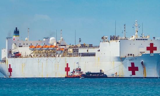 The hospital ship USNS Mercy (T-AH-19) anchored off Chuuk, Federated States of Micronesia, as part of Pacific Partnership 2024 in January. Several aspects of hospital ships must be improved to provide the full range of mass casualty care.