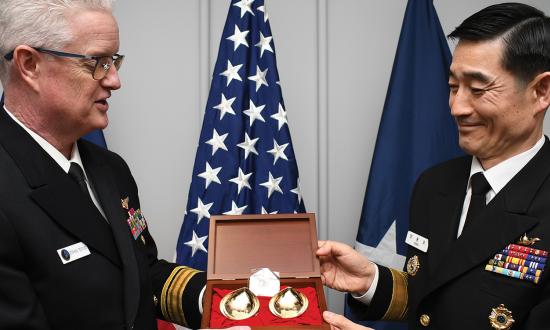 The Republic of Korea Chief of Naval Operations presents the Program Executive Officer for Unmanned Aviation and Strike Weapons with a gift. Tabletop exercises for wartime acquisition response plans should involve U.S. allies, as they often have the same systems, components, and support infrastructure and have undergone similar training.