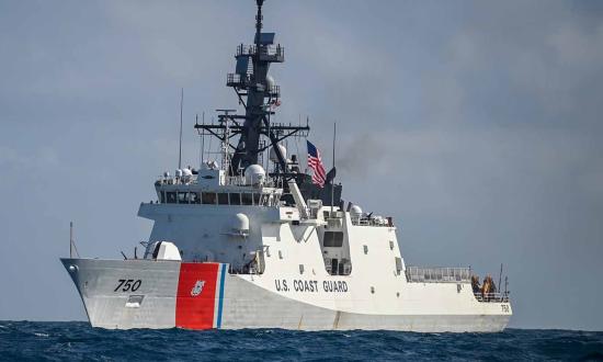 U.S. Coast Guard Cutter Bertholf (WMSL-750) transits near the Singapore Straits in February 2024. By the end of 2024, Starlink technology will be installed on 154-feet-plus Coast Guard cutters. U.S. Coast Guard (Steve Strohmaier)