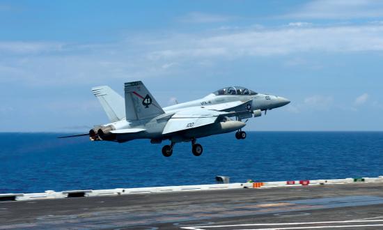 An F/A-18F Super Hornet assigned to Strike Fighter Squadron 41 launches from the flight deck of the USS John C. Stennis (CVN-74)