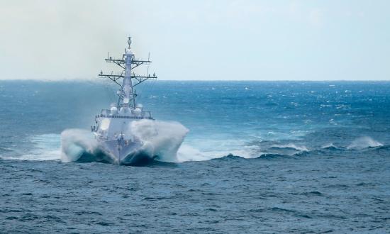 The Arleigh Burke–class guided-missile destroyer USS Farragut (DDG-99) transits the Atlantic Ocean. Under certain conditions, ship transits can be done more efficiently by employing a total fuel consumption analysis, accounting for both the gas-turbine main engines and the ship’s service gas-turbine generators.