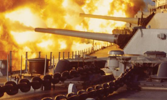The 16-inch guns of the USS New Jersey (BB-62) in action.