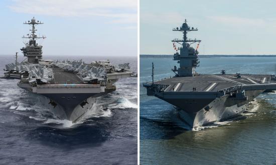 Composite of bow-on views of the USS Harry S. Truman (CVN-75) and Gerald R. Ford (CVN-78)