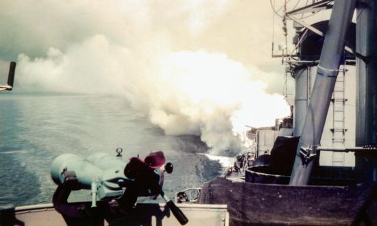 USS Owen (DD-536) making a smoke screen during an exercise
