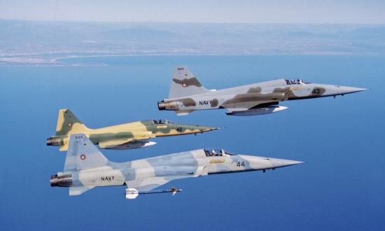 Three U.S. Navy F-5 Tiger II adversary aircraft in flight