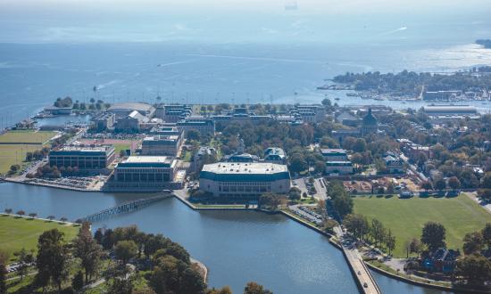 Aerial view of the U.S. Naval Academy looking southeast towards the Chesapeake Bay