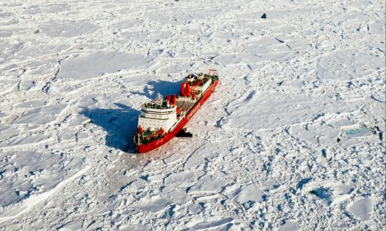 The Chinese icebreaker Xue Long beset in ice off East Antarctica.