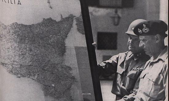 Major General Geoffrey Keyes and General Bernard L. Montgomery at Army Headquarters in the palace at Palermo from which General Patton directed the Allied campaign along the north coast of Sicily.