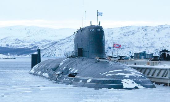 Surface starboard bow view of a Russian attack submarine