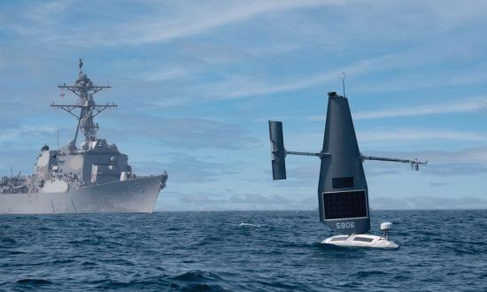 A Saildrone Explorer unmanned surface vessel operates with the guided-missile destroyer USS Delbert D. Black (DDG-119) during exercises in the Arabian Gulf. The best way to employ unmanned systems is through an integrated approach. 