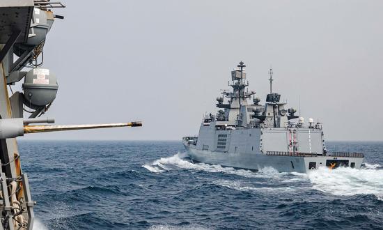 The Indian Navy multirole frigate Shivalik (right) sails with the USS John S. McCain (DDG-56) during Exercise Malabar 2020.