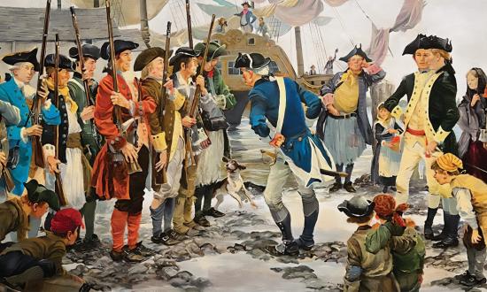 Near Tun Tavern along the colonial Philadelphia waterfront, volunteers congregate to join the nascent Continental Marines in Charles Waterhouse’s painting The First Recruits, December 1775. Captain Samuel Nicholas and Lieutenant Matthew Parke are depicted in the green cutaway coats and white breeches on the right.