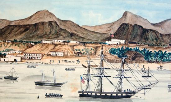 The USS Dale lying at La Paz during the Mexican-American War. The Dale was one of many ships resupplied by the store ship USS Southampton during that conflict. As executive officer on board the Southampton, Lieutenant John Worden learned many lessons about logistics and navigation.