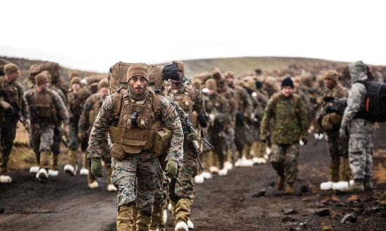 U.S. Marines with the 24th Marine Expeditionary Unit march across the Icelandic terrain in preparation for Exercise Trident Juncture 2018.