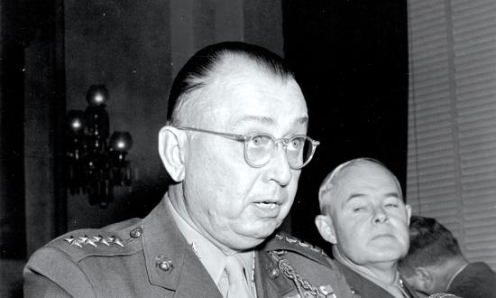 General Clifton B. Cates and MajGen William P. T. Hill, USMC, testifying before Congress in 1949