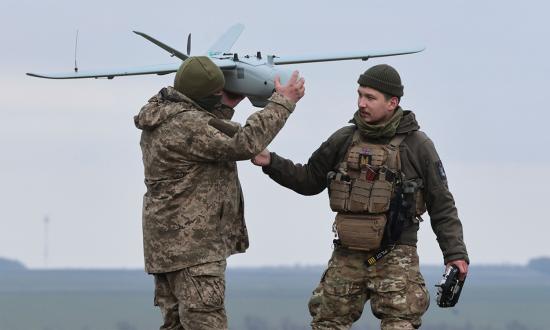 Ukrainian servicemen prepare to fly a commercially made Ukrainian multipurpose drone, the Leleka-100. Ukraine’s acquisition process eliminates bureaucratic red tape and has allowed more flexibility amid its war with Russia.