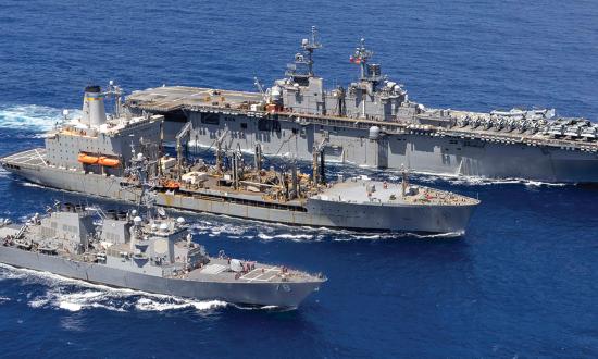 The Henry J. Kaiser-class fleet replenishment oiler USNS John Lenthall (T-AO-189) conducts a replenishment at sea. 