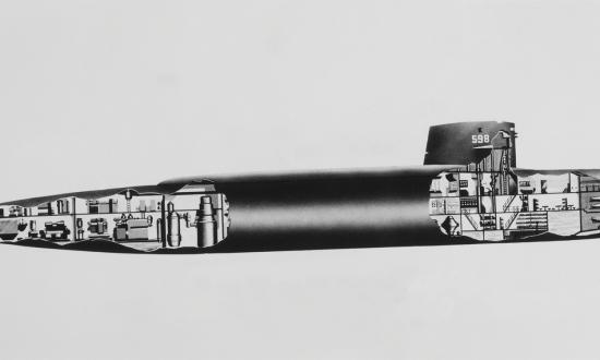 A vintage cutaway drawing of the USS George Washington (SSBN-598)—the U.S. Navy's first operational ballistic-missile submarine.