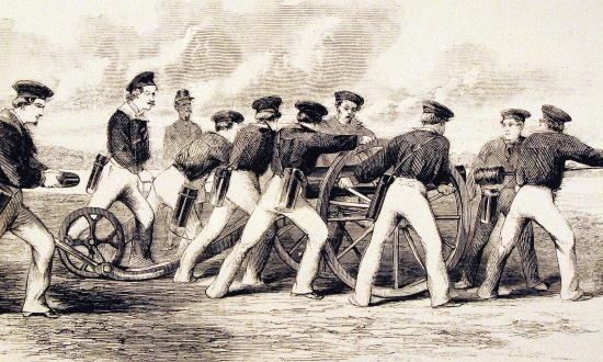 Engraving of a naval gun crew preparing to fire its Dahlgren boat howitzer.