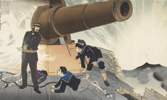 The main battery on board the Japanese flagship Matsushima during the Battle of the Yalu River, 17 September 1894.