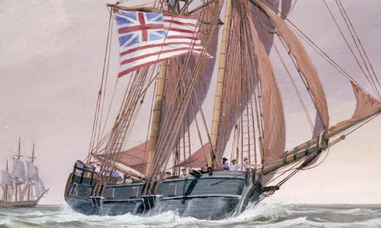 The Continental Navy schooner Wasp, depicted in one of the celebrated Revolutionary War naval paintings by artist W. Nowland Van Powell.