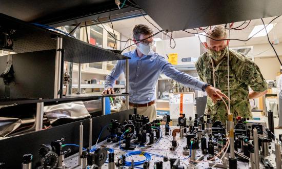 Jonathan Kwolek, a physicist at the Naval Research Lab, demonstrates an atom interferometer. 