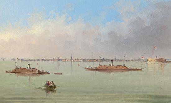 While Confederate ironclads only briefly breached the blockade of Charleston, South Carolina, the vessels helped prevent the Union Navy’s capture of “the seat of the rebellion.” Charleston Bay and City shows a pair of the local naval squadron’s ironclad gunboats on patrol. 