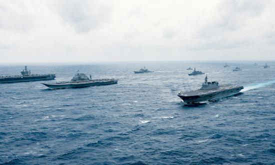 Ships sail in formation at Exercise Malabar.
