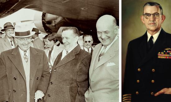 The “Revolt of the Admirals” was a 1949 attempt by Navy officers to remove President Harry Truman’s Secretary of Defense, Louis Johnson (far right, shown here, left to right, with Secretary of State Dean Acheson, President Truman, and an unnamed man), whom they viewed as a political hack.
