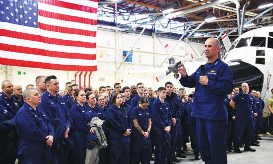 Vice Commandant of the Coast Guard Admiral Charlie Ray at an all-hands event in Kodiak, Alaska