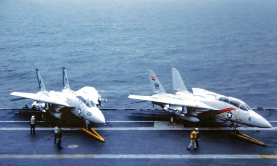 Two F-14 Tomcats on the deck of the USS Midway (CV-41)