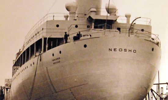 Stern view of USS Neosho (AO-23) prior to launching at Federal Shipbuilding and Drydock Company, Kearny, New Jersey, 29 April 1939