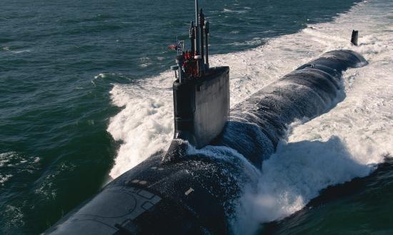 The Virginia-class fast-attack submarine Montana (SSN-794) during sea trials in February 2022. In the near future, nuclear-powered submarines, which enjoy near-total freedom of movement, could attack an adversary’s surveillance satellites with directed-energy weapons such as lasers and high-powered microwave systems.