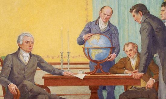 He’s got the whole world in his hands: Secretary of State John Quincy Adams, principal author of the Monroe Doctrine, studies the globe while President James Monroe (left) and fellow cabinet members look on. The doctrine “created a need for . . .  a large, powerful navy.”
