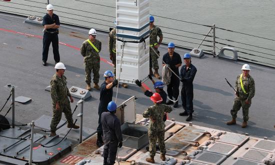 Sailors on board the Arleigh Burke-class destroyer USS Porter (DDG-78) stow simulated ordnance in the ship’s Mk 71 vertical launch system (VLS) during a pierside rearming demonstration at Naval Station Norfolk. There have been three demonstrations of the Transferable Re-Arming Mechanism (TRAM), two of which were successful.