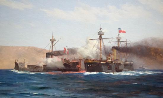 8 October 1879: Smoke fills the air in the engagement between the Peruvian turret ship Huáscar (left) and the Chilean central battery ship Almirante Cochrane—the culmination of the naval side of the War of the Pacific. The battle resulted in the Chilean Navy’s capture of the Huáscar, which lives on as a museum ship.