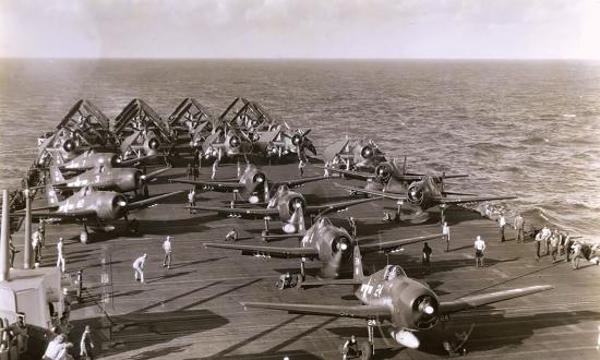 Carrier Air Group (CVG) 11 planes are arrayed on the flight deck of the USS Hornet (CV-12)