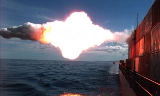 A Tomahawk cruise missile hits a moving maritime target