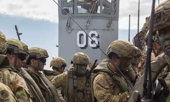 Soldiers from 2nd Battalion, Royal Australian Regiment transit to the beach in one of HMAS Canberra'sLCM-8 Landing Craft during Exercise Talisman Saber 2017