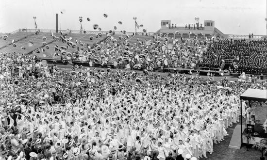 raduates of the class of 1939 toss their caps in air at the conclusion of graduation exercises, June 1, 1939.