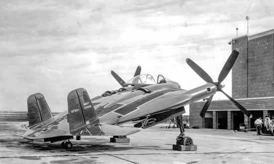 Ground-to-ground right side rear view of a XF5U-1 prototype aircraft