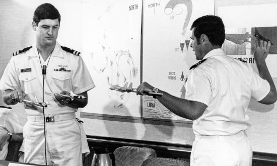 CDR Henry Kleemann (right) and LT David Venlet during a press conference about the Gulf of Sidra Incident 