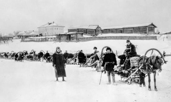 A convoy of sleds comprised of Allied troopsmarching somewhere in northern Russia during the intervention period of the Russian Civil War