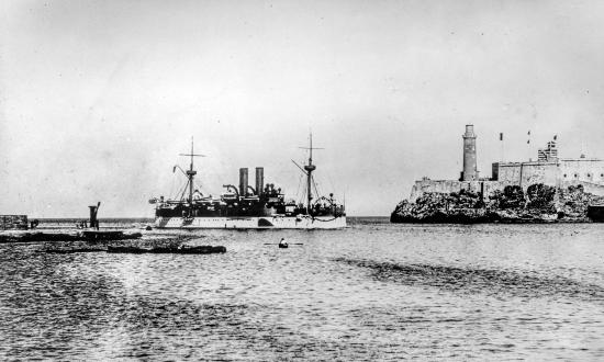 USS Maine passing Morro Castle at Havana, Cuba, in 1898